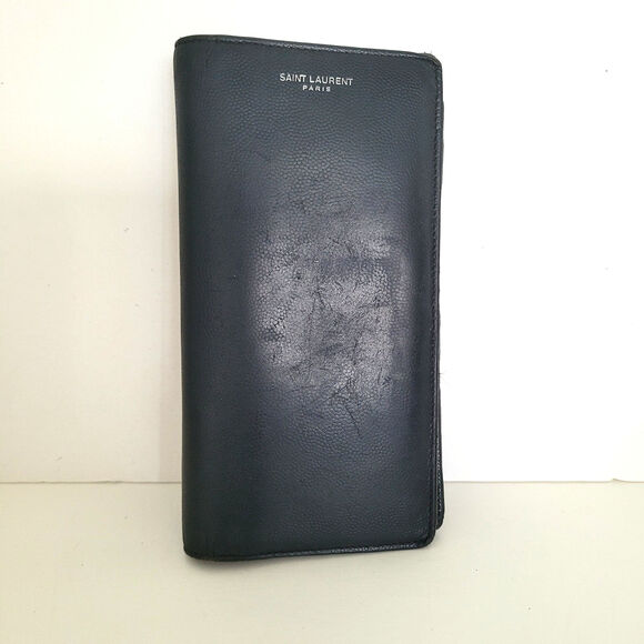 Saint Laurent Men's Leather Wallet Solid Navy Blue Card Bill Holder Long Clutch